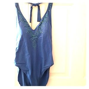 Royal blue V-neck one piece swim suit